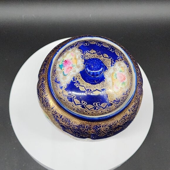 Antique Porcelain Biscuit Jar Hand-Painted Cobalt Blue & Gold Porcelain Lidded - Picture 5 of 13